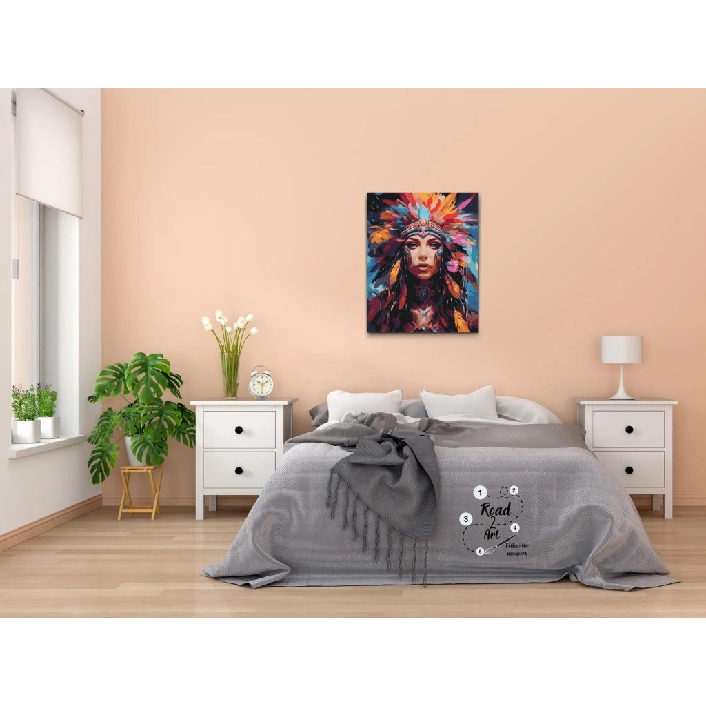 Paint by numbers kvindeportræt med fjer og stærke farver