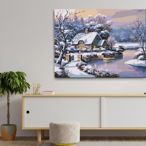 Snowy Cottage Mal efter tal maleri i mange størrelser med indramning