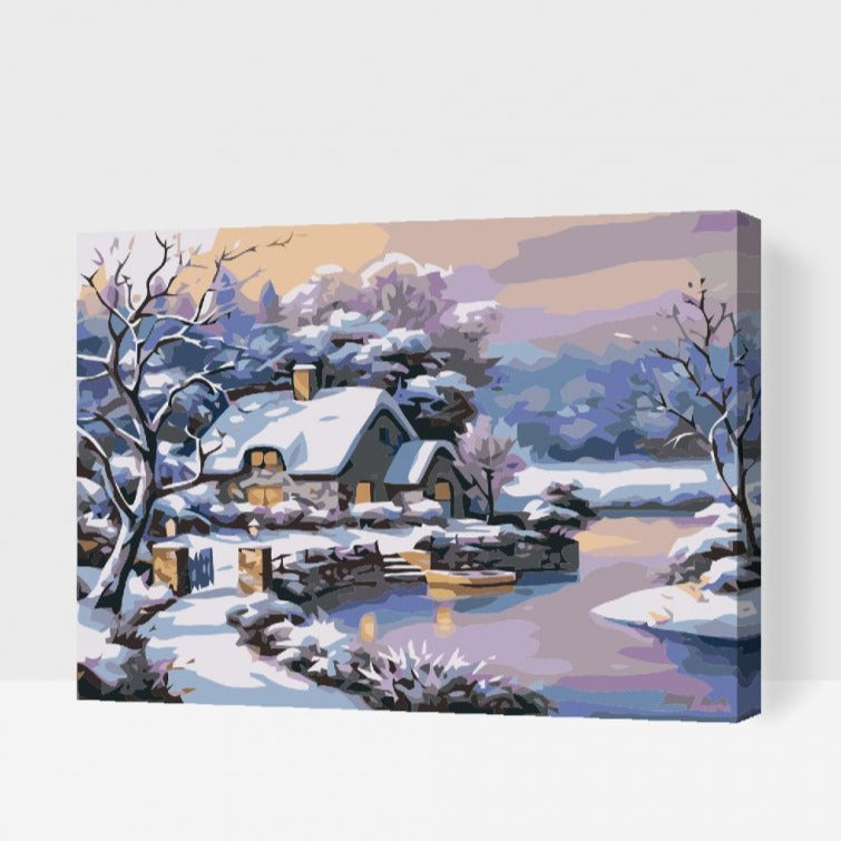 Snowy Cottage Mal efter tal maleri i mange størrelser med indramning