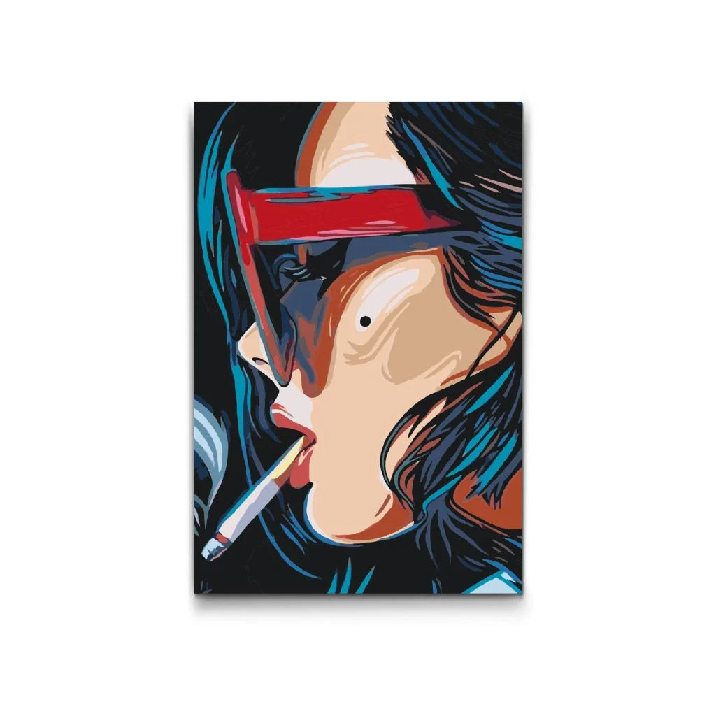 Male efter tal – pop art kvinde med røde solbriller i profil