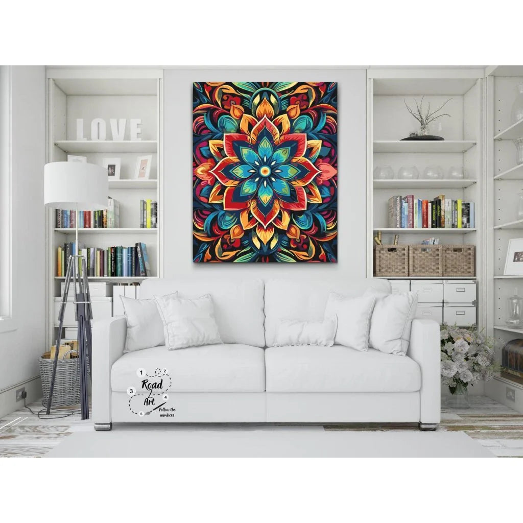 Paint by numbers: farverig mandala, geometrisk mønster på lærred