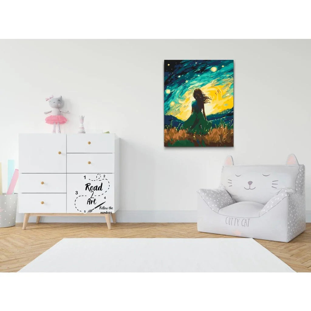 Paint by numbers: silhuet i kjole på mark under nattehimmel