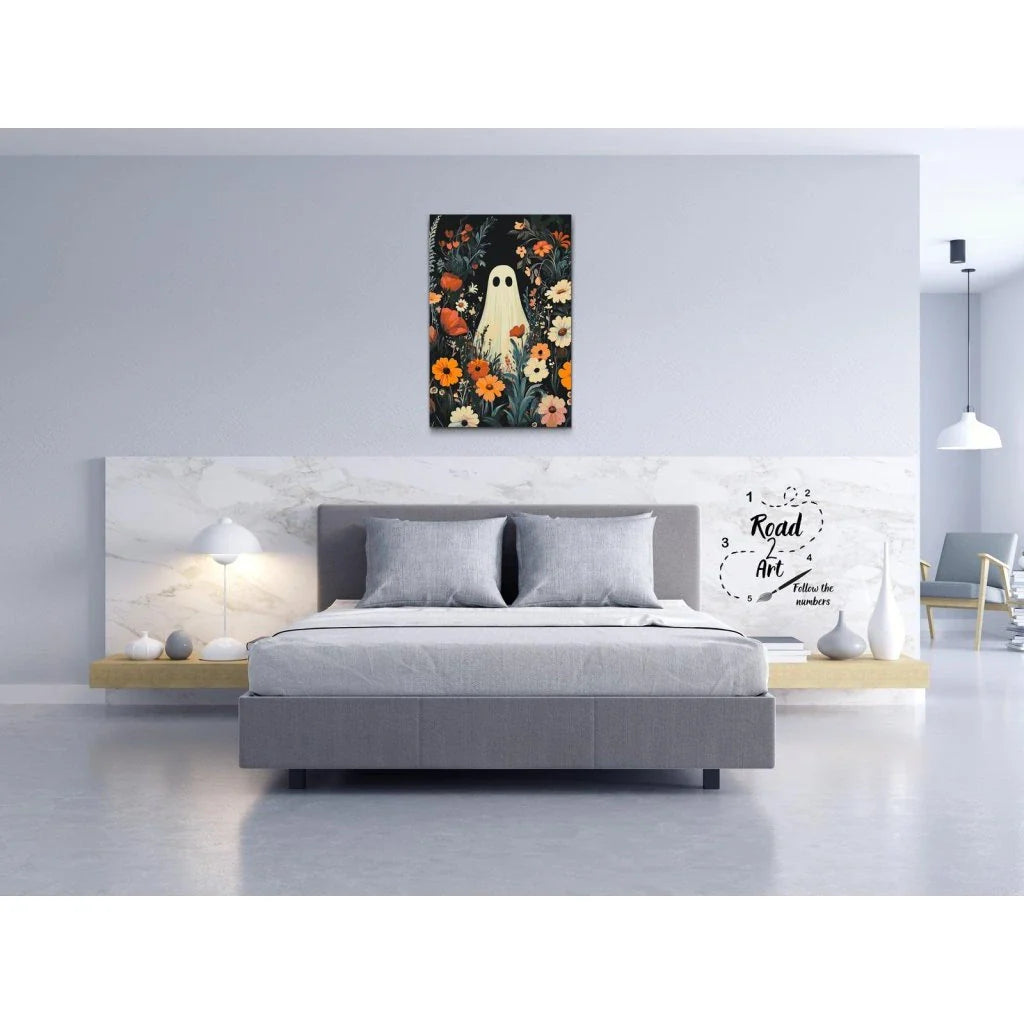 Paint by numbers: sødt spøgelse i blomsterhav, efterår/halloween-motiv
