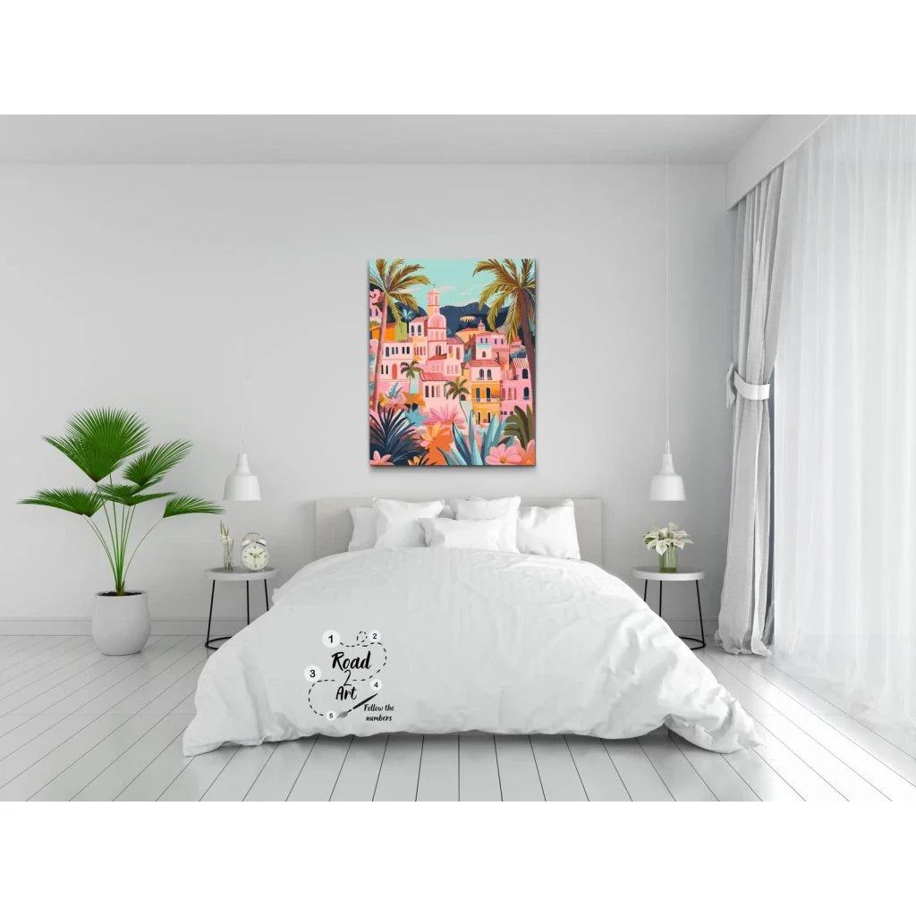Paint by numbers: farverig kystby i Positano med hav og solnedgang