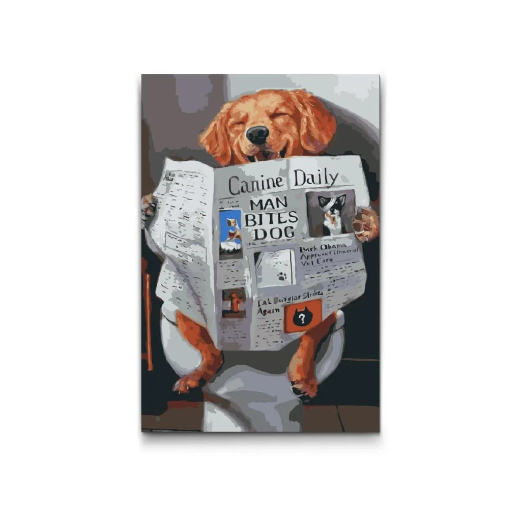 Male efter tal – hund læser avis på toilet, humoristisk motiv