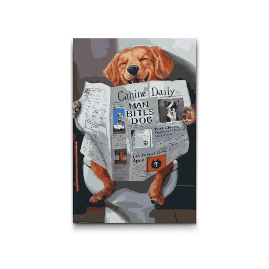 Male efter tal – hund læser avis på toilet, humoristisk motiv
