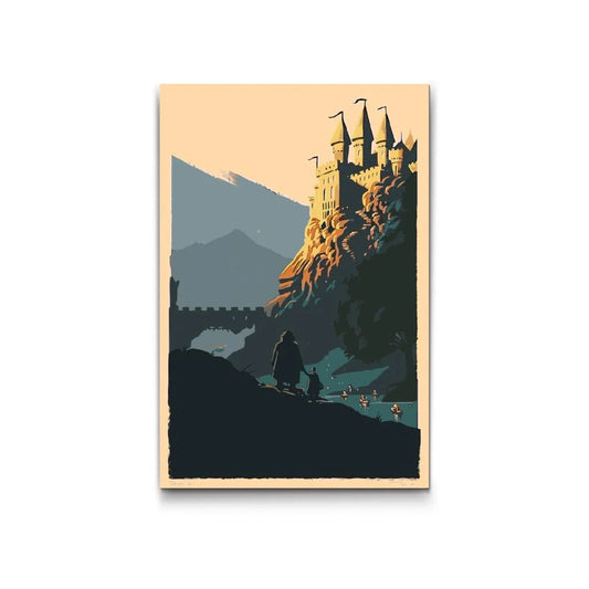 Paint by numbers: Hogwarts-silhuet i skumring med bro og både