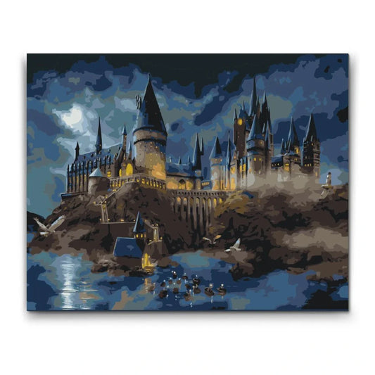 Mal efter tal – Hogwarts slot ved sø i måneskin