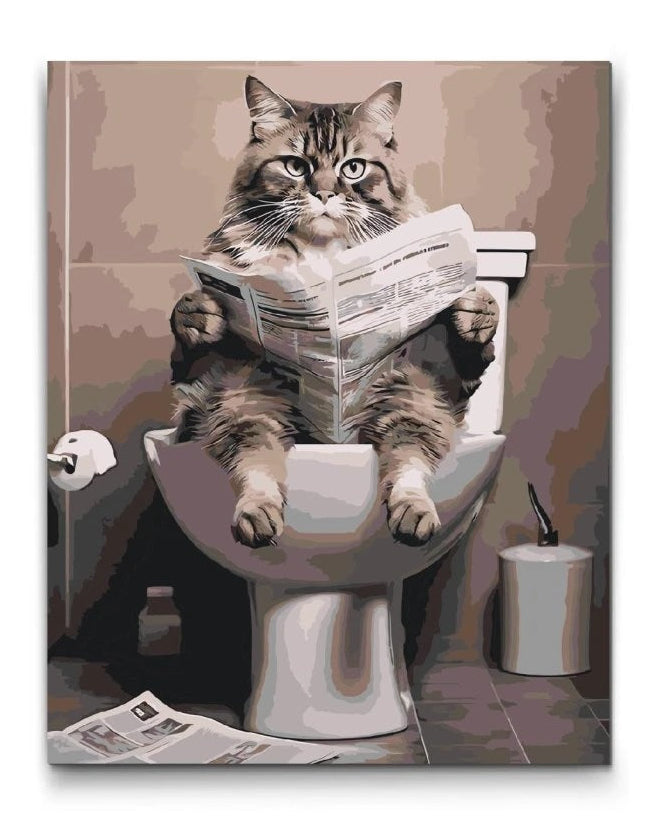 Humoristisk kat paint by numbers med avis i badeværelsesmiljø