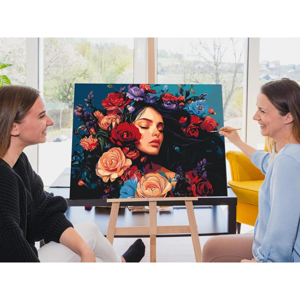 Paint by numbers kvinde omgivet af blomster kunstmotiv