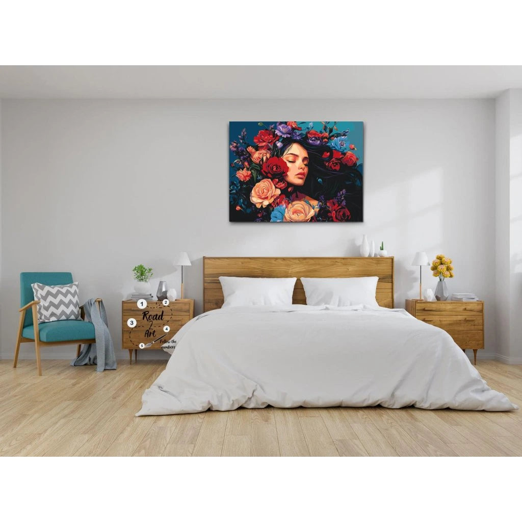 Paint by numbers kvinde omgivet af blomster kunstmotiv