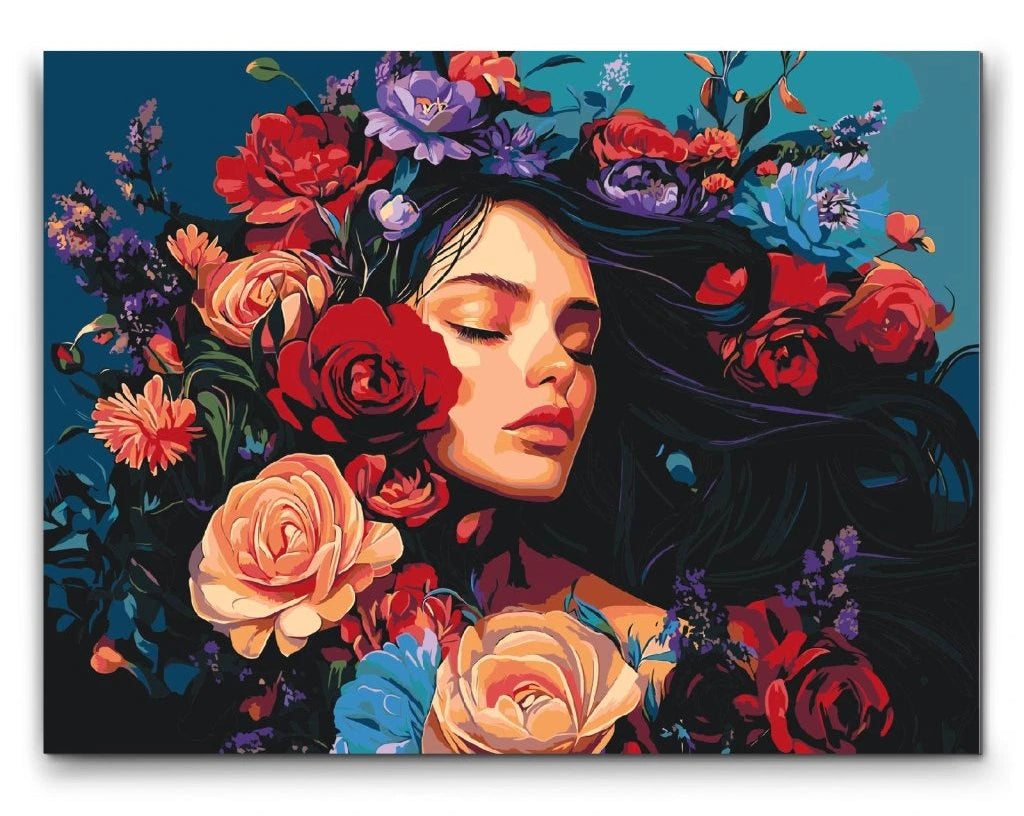 Kvindeportræt paint by numbers med blomster og dybe farver