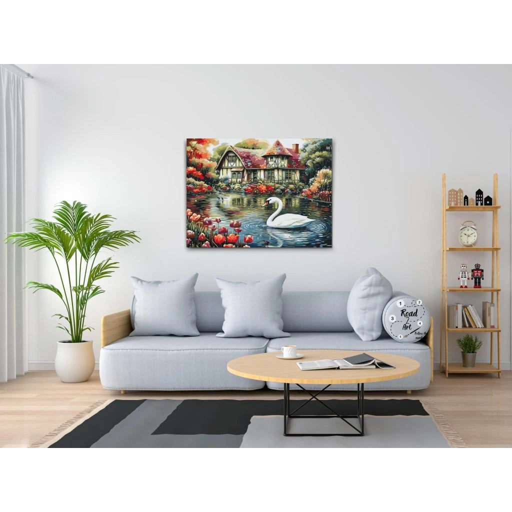 Paint by numbers svane roligt landskab med sø og natur