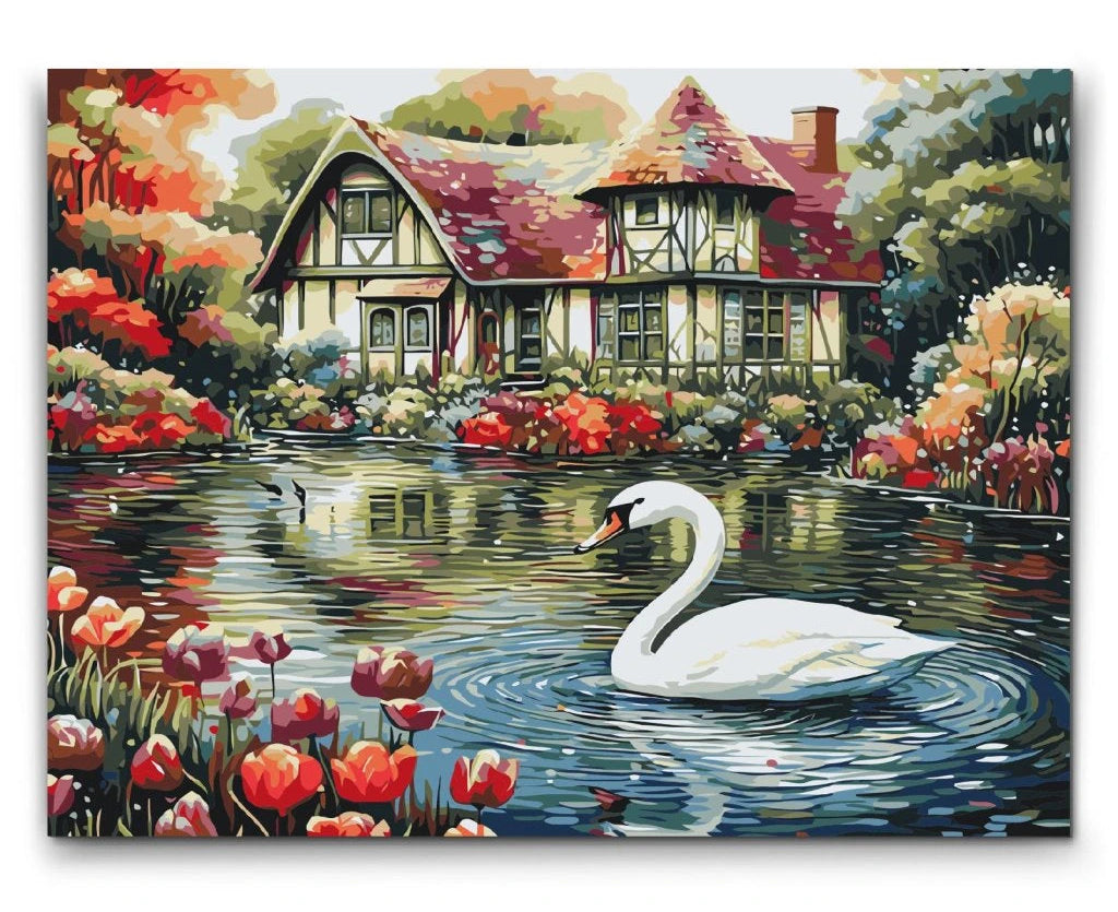 Sølandskab paint by numbers med svane og blomster