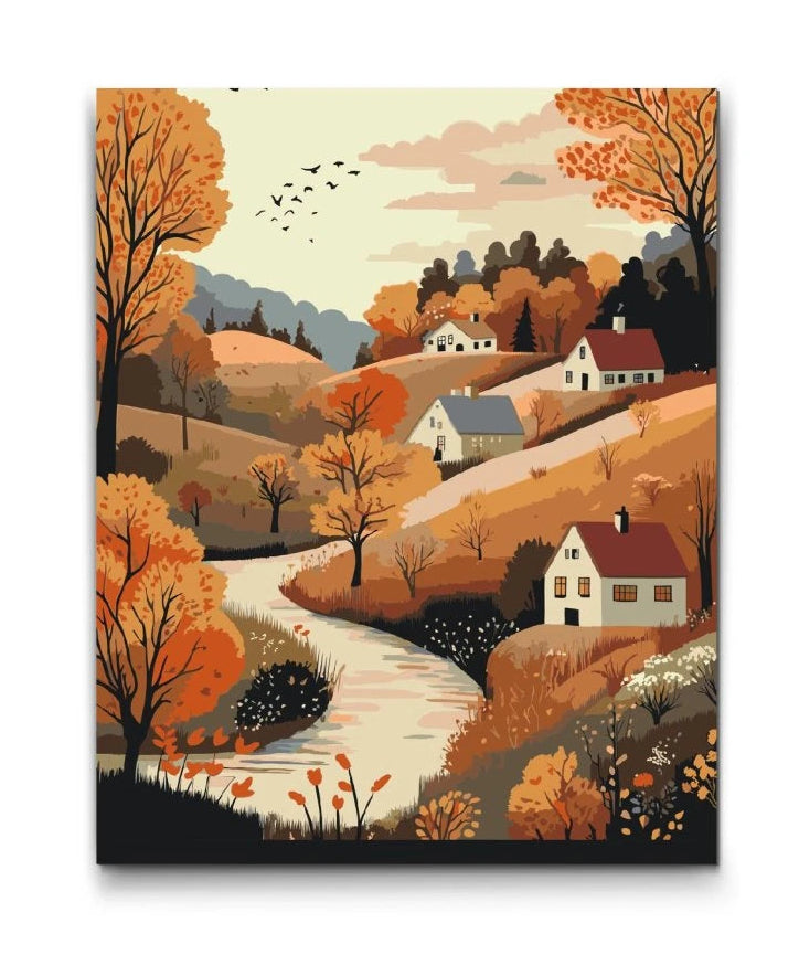 Efterårslandskab paint by numbers med landsby og varme farver