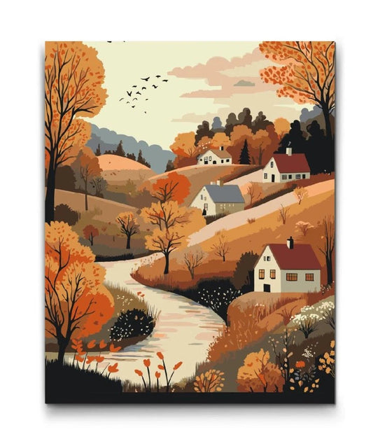 Efterårslandskab paint by numbers med landsby og varme farver