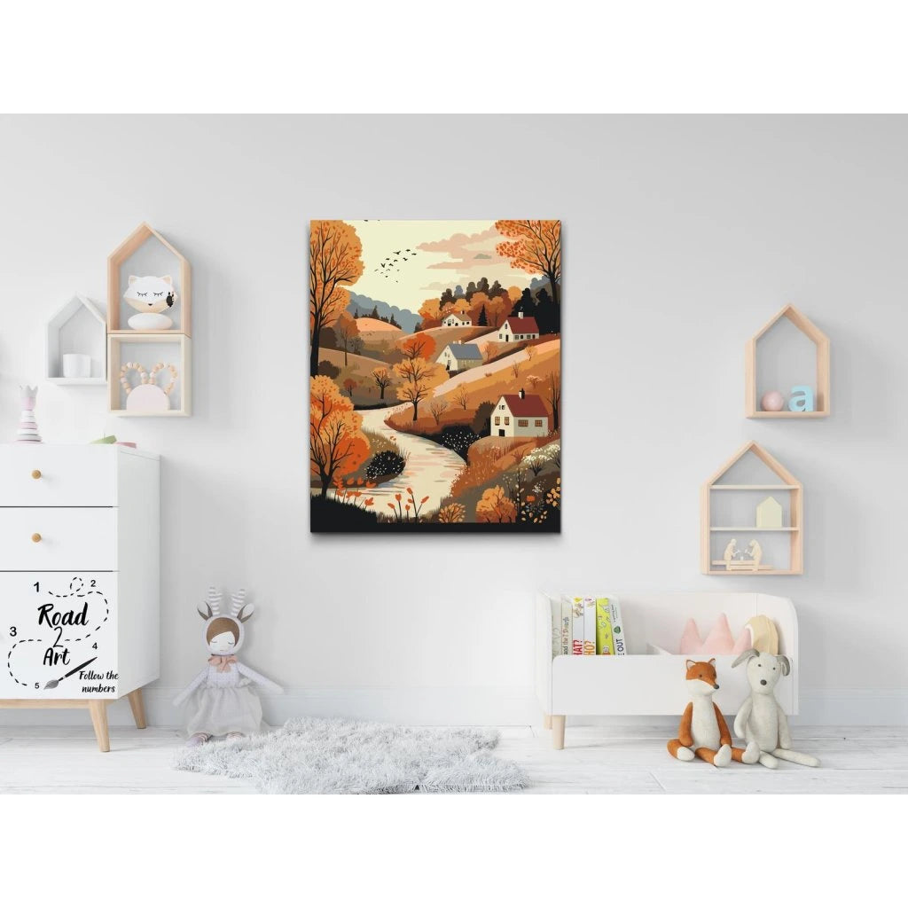 Paint by numbers efterår landsby roligt naturmotiv