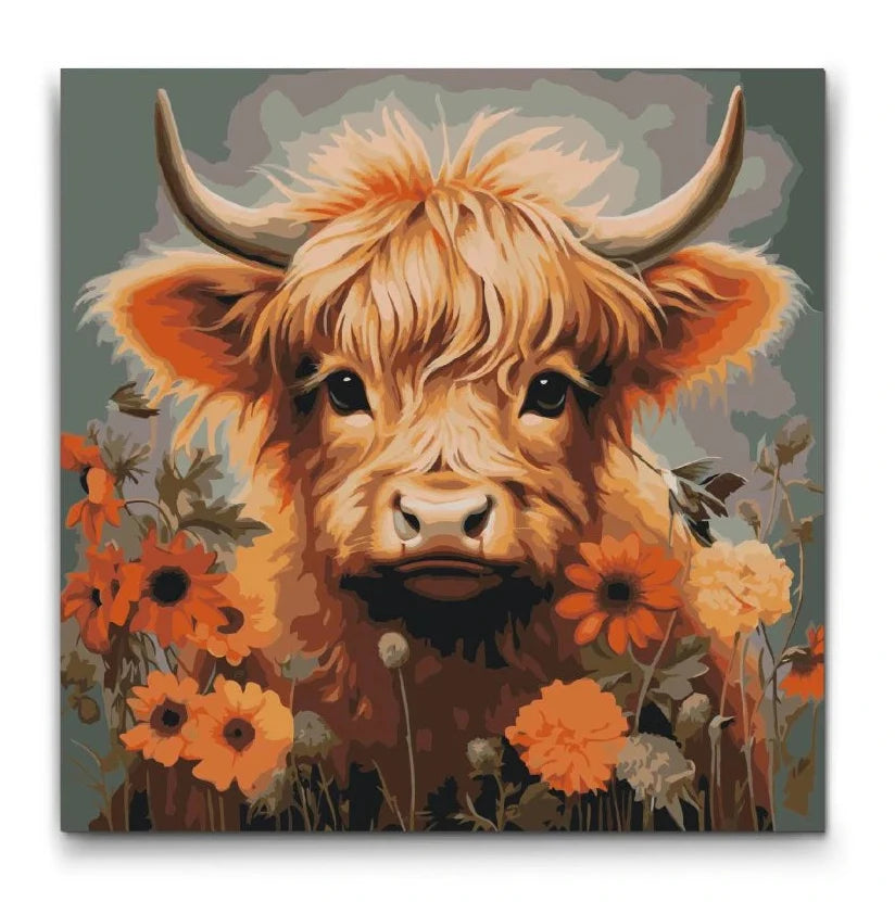 Paint By Numbers Sød Ko i Blomster | Premium Lærred Og Akrylfarver