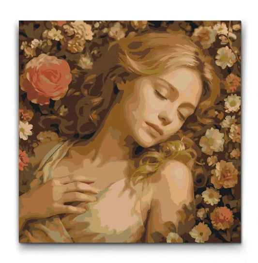 Paint By Numbers  Sovende Smuk Pige i Blomsterhav - gratis fragt