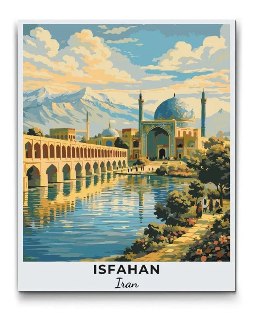 mal efter tal Isfahan Iran bymotiv inspireret af historisk arkitektur, broer og blå kupler i iransk kunststil
