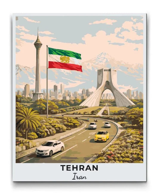 Tehran Iran rejseplakat mal efter tal med Azadi Tower, Milad Tower og det historiske iranske flag med løven – støtter Amnesty International