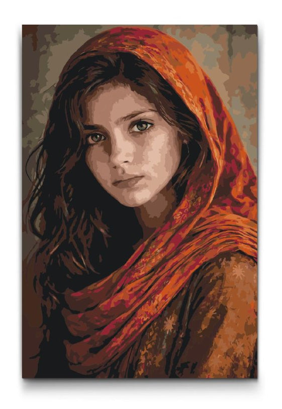 Zan Zendegi Azadi iransk portræt mal efter tal – ung kvinde med orange tørklæde – støtter Amnesty International Danmark