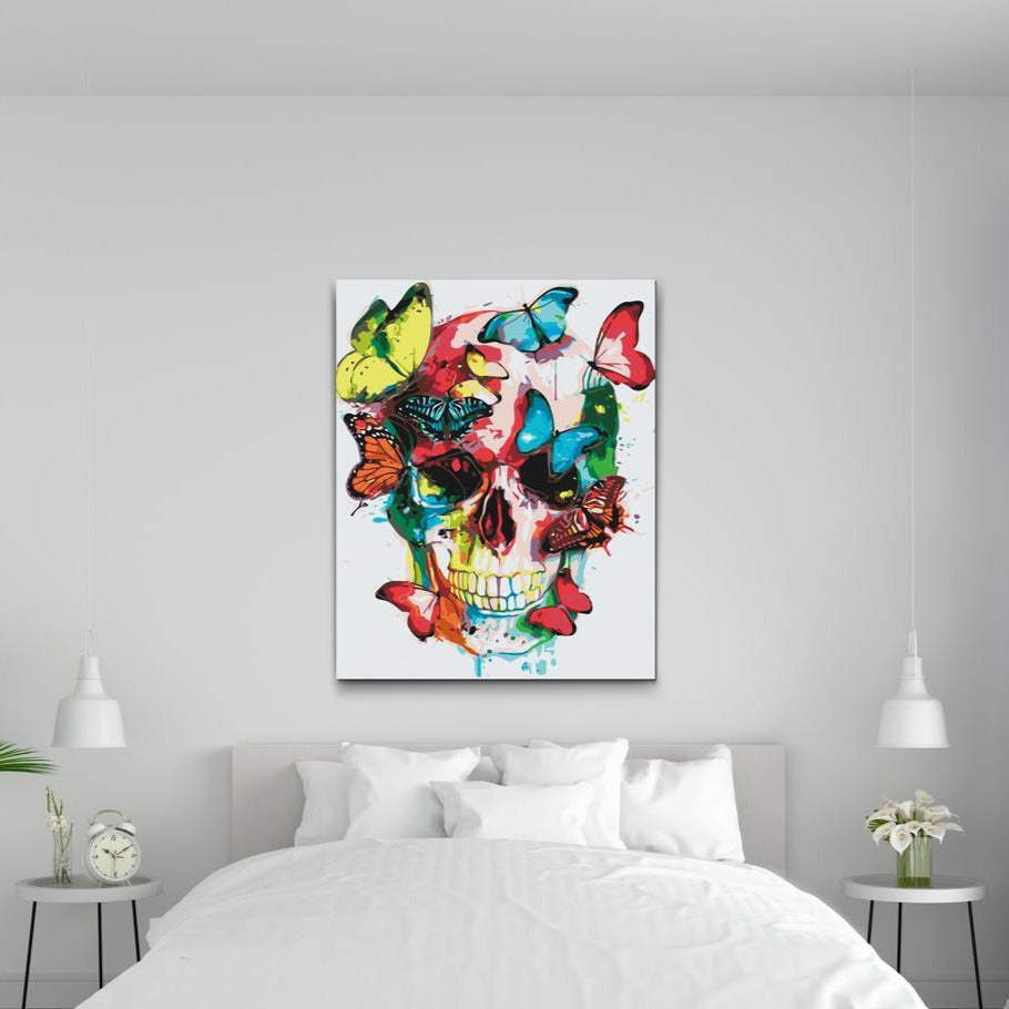 Paint by number for voksne - Butterfly Skull - med dobbelt maling, ramme og gratis fragt