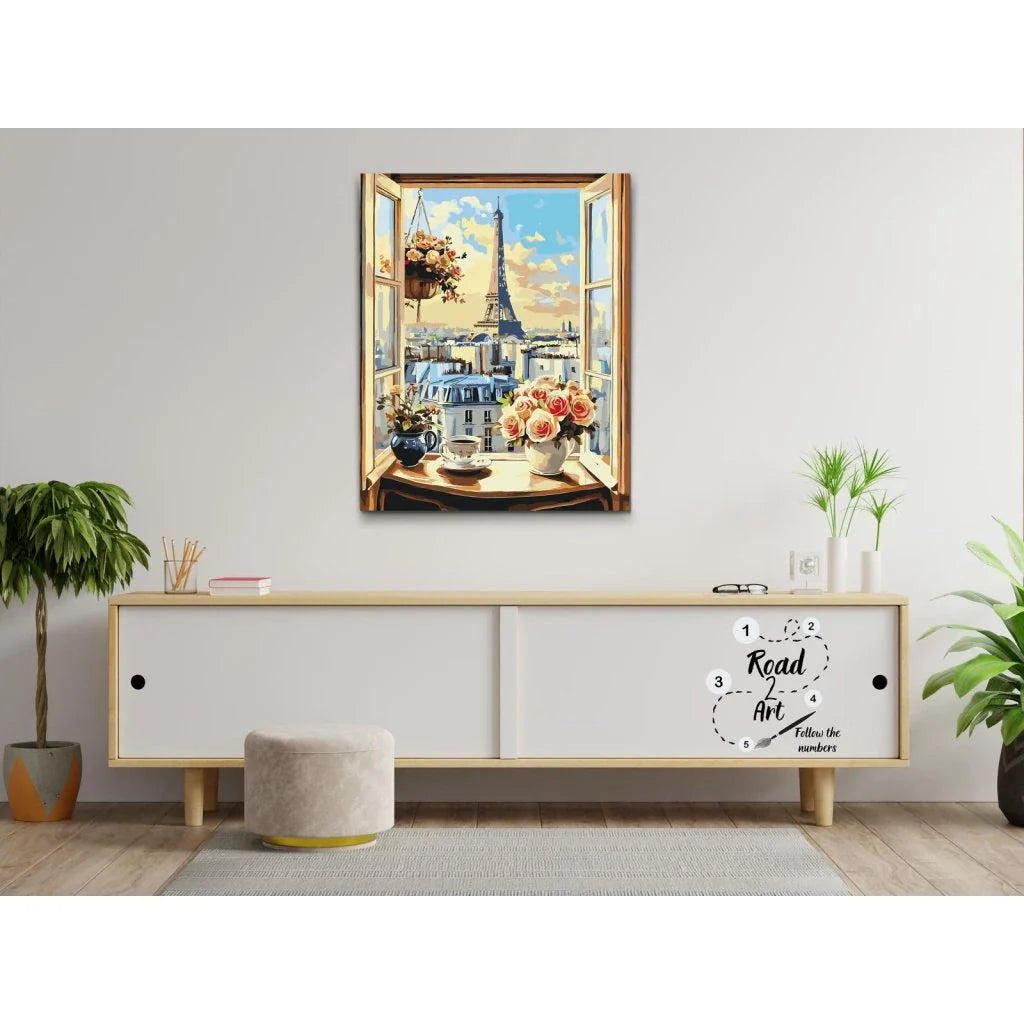Paint by numbers: Paris-vindue med blomster, kaffekop og tårn